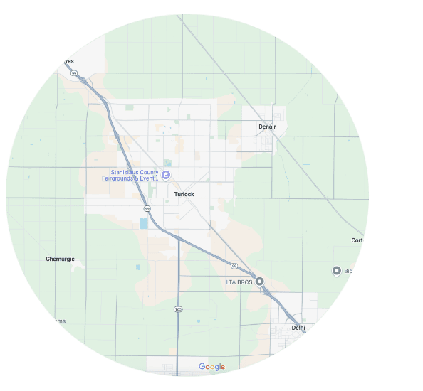 Service area for Pacific Breeze Air Systems, covering Turlock, CA, and throughout Stanislaus County.